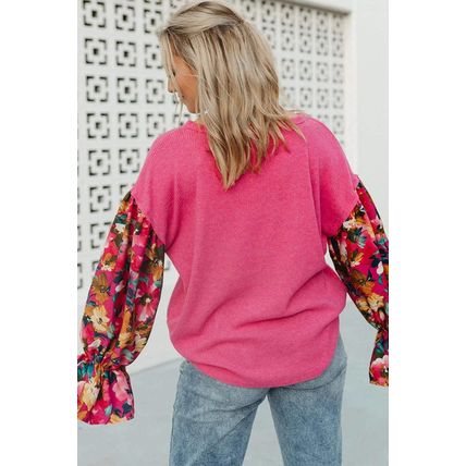 Bright Pink Floral Patchwork Flounce Sleeve Rib Knit Plus Top