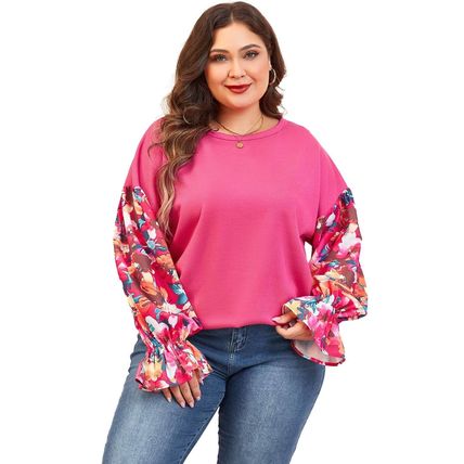 Bright Pink Floral Patchwork Flounce Sleeve Rib Knit Plus Top