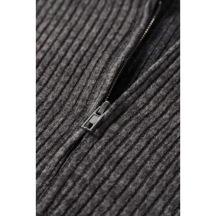 Dark Grey Ribbed Zip Up Front Drawstring Hoodie