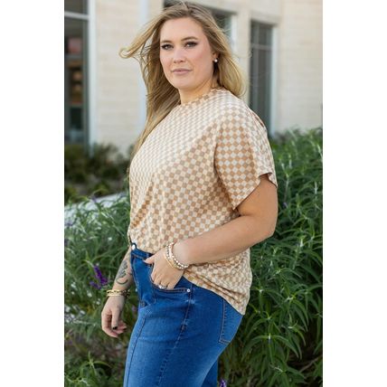 Khaki Checkerboard Short Batwing Sleeve Round Neck Plus Size T Shirt