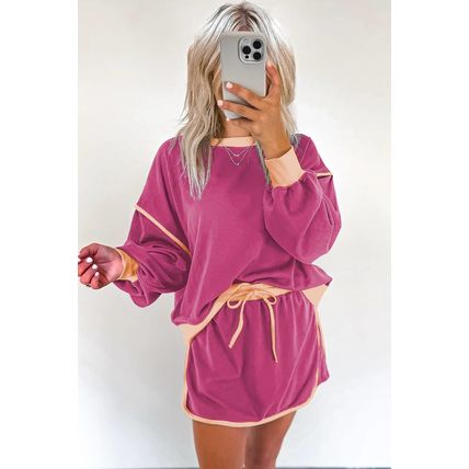 Rose Red Color Contrast Loose Pullover and Lace-up Waist Skort Set