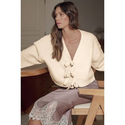 Jet Stream Bowknot Front Loose V Neck Knitted Cardigan