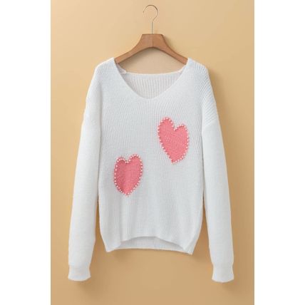 White Pearl Beaded Heart Pattern Fuzzy V Neck Sweater