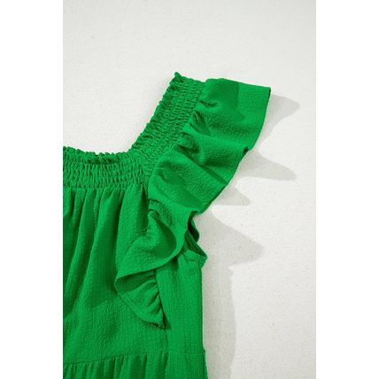 Green Ruffled Flutter Sleeve Square Neck Textured Tiered Maxi Dress