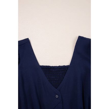 Navy Blue V Neck Buttoned Front Shirred Back Short Sleeve Midi Dress