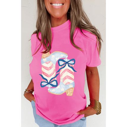 Sachet Pink Flag Pattern Boots Bow Accent Casual Graphic Tee
