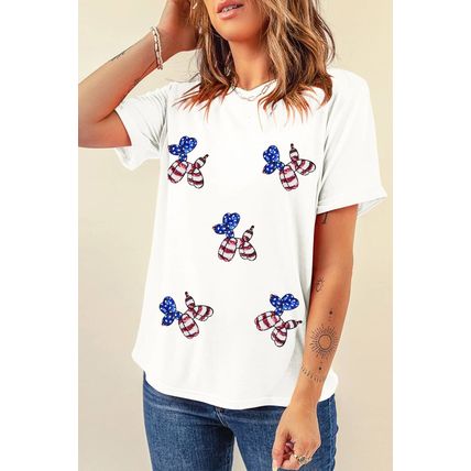 White Sequin Stars and Stripes Balloon Puppy Graphic Crewneck Tee