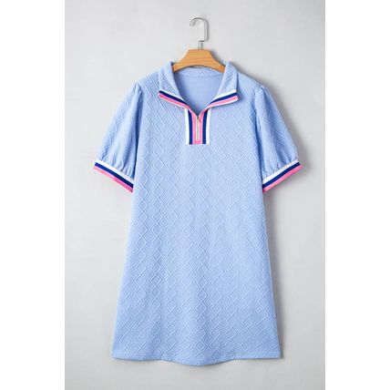 Beau Blue Contrast Striped Trim Zipped Stand Collar Textured Puff Sleeve Plus Si