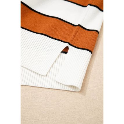 Brown Stripe Ribbed Polo Collar Drop Shoulder Sweater