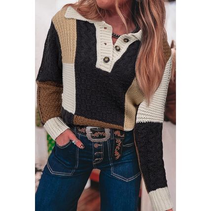 Multicolour Color Block Cable Knit Sleeve Buttons Collared Sweater