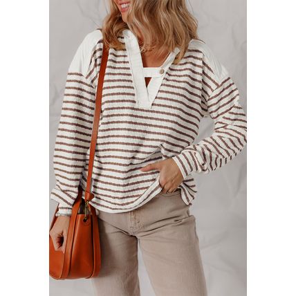 Khaki Stripe Textured Hooded V Neck Casual Long Sleeve Top