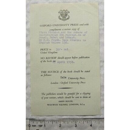 1958 letter Oxford University Press re review copy Piers Plowman