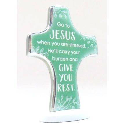 Go To Jesus When Your Stressed Cross Metal Freestanding White 8 CM Christ Love