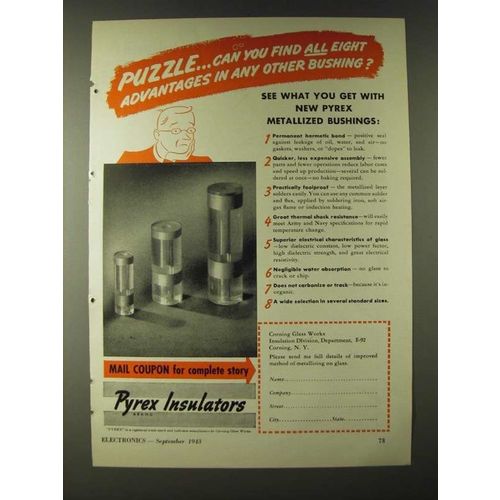 1943 Pyrex Metallized Bushings Ad - Puzzle.. Can you find all eight advantages