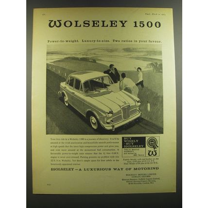 1964 Wolseley 1500 Car Ad - Power-to-weight. Luxury-to-size. Two ratios