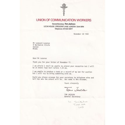 London Union Tom Jackson Royal Mail Strike Leader Hand Signed Letter