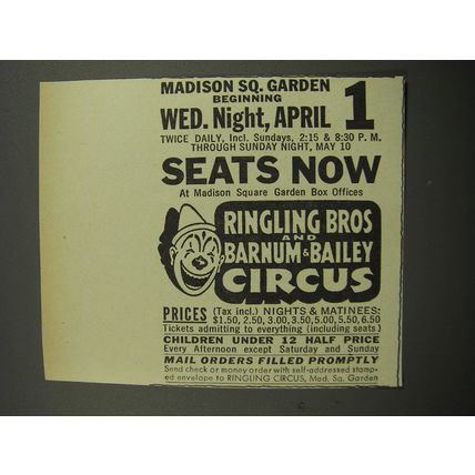 1953 Ringling Bros and Barnum & Bailey Circus Ad - Madison Sq. Garden April 1