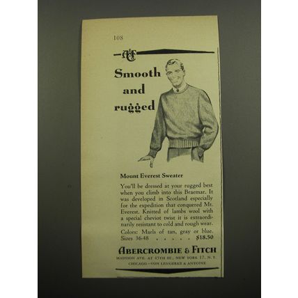 1955 Abercrombie & Fitch Mount Everest Sweater Ad - Smooth and Rugged