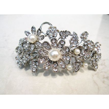 Silver flower shaped pearl and crystal hair barrette clip bridal clip bridal