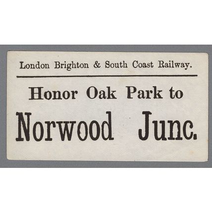 LONDON BRIGHTON & SOUTH COAST RAILWAY LUGGAGE LABEL -HONOR OAK PK. to NORWOOD JN