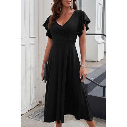 Black Ruffled Sleeve Wrap V Neck Midi Dress