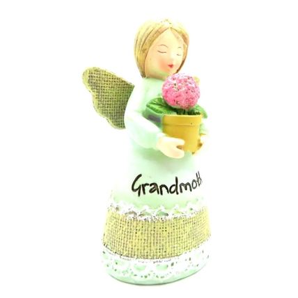 Grandmother Angel Figurine Wearing a Green Dress Holding a Pink Pot Plant Gift
