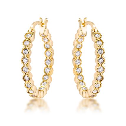 Gold Plated Dotted Clear CZ Round Bezel Hoop Earrings