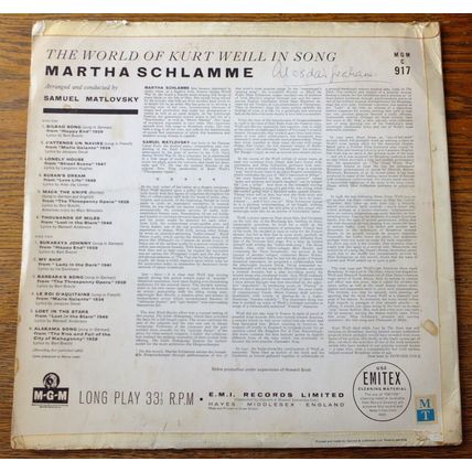 MARTHA SCHLAMME World of Kurt Weill LP vinyl record JAZZ folk 1962 MGM theatre