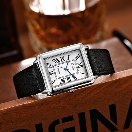 Gents White Tank Square Face Roman Numerals Black Genuine Leather Strap Watch