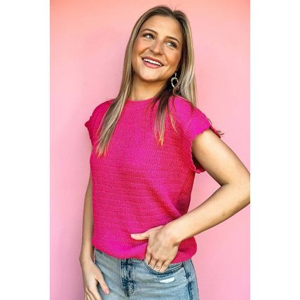 Rose Red Scalloped Short Sleeve Summer Sweater Top