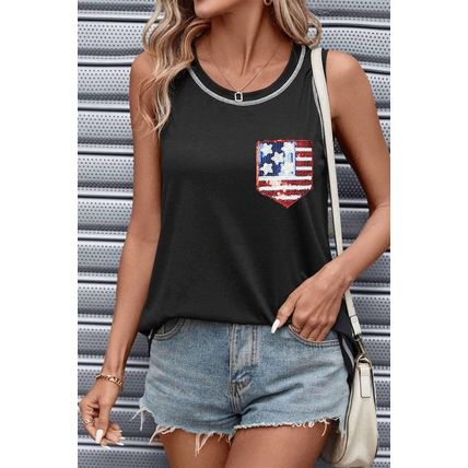 Black Sequined American Flag Patched Exposed Seam Tank Top
