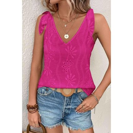 Rose Red Embroidery Patterned Knotted Straps V Neck Tank Top