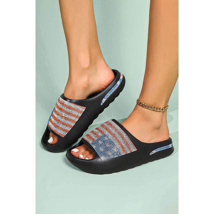 Black Rhinestone American Flag Thick Sole Slippers
