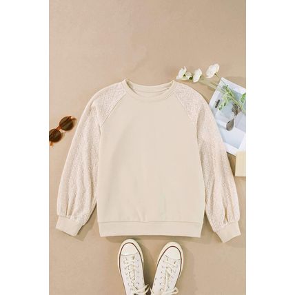 Parchment Eyelet Knit Patchwork Raglan Sleeve Pullover Top