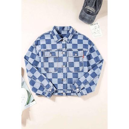 Light Blue Checkered Patchwork Button up Denim Jacket