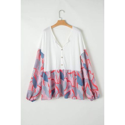 Apricot Plus Size Printed Patchwork Textured Buttoned Blouse