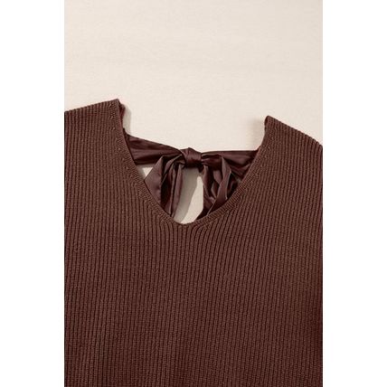Coffee Lantern Sleeve V Neck Knot Back Sweater