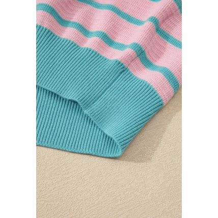 Pink Stripe Trimmed Round Neck Drop Shoulder Loose Sweater