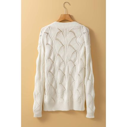 Beige Hollow Out Knit V Neck Drop Shoulder Sweater