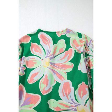 Green Floral Print Button up Pleated Puff Sleeve Loose Shirt