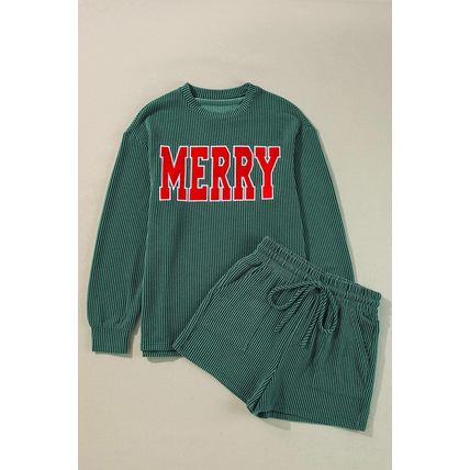 Evergreen Corded MERRY Graphic Long Sleeve Top and Shorts Set