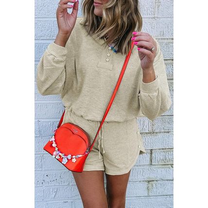 Parchment Textured Buttoned Long Sleeve Top 2 Piece Shorts Set