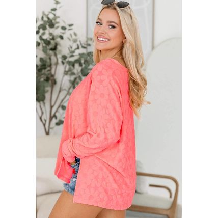 Apricot Pink Oversized Floral Jacquard V Neck Long Sleeve Top