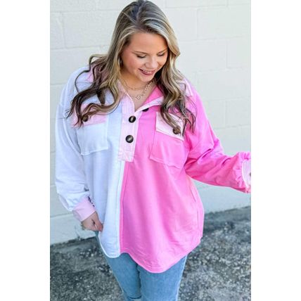 Bonbon Color Block Chest Pockets Half Button Plus Size Sweatshirt