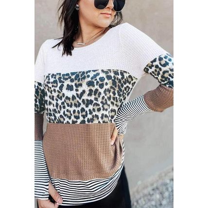 Brown Stripes Leopard Splicing Colorblock Long Sleeve Top