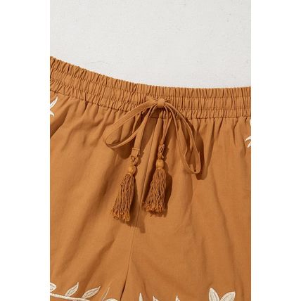 Khaki Embroidered Boho Tasseled Drawstring Elastic Waist Casual shorts