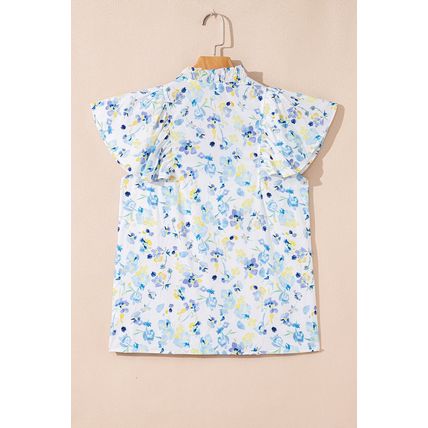 Sky Blue Floral Print Frilled Notched V Neck Blouse