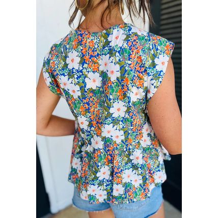 Green Floral Print Bow Applique Slit Sleeveless Peplum Blouse