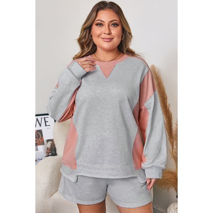 Light Grey Uneven Hem Colorblock Pullover Casual Shorts Plus Size 2pcs Outfit