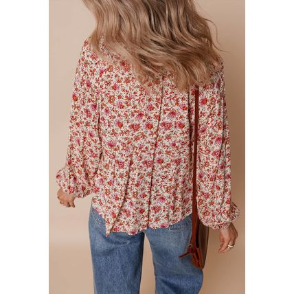 Red Floral Print Pleated Detail Notched Neck Puff Sleeve Blouse